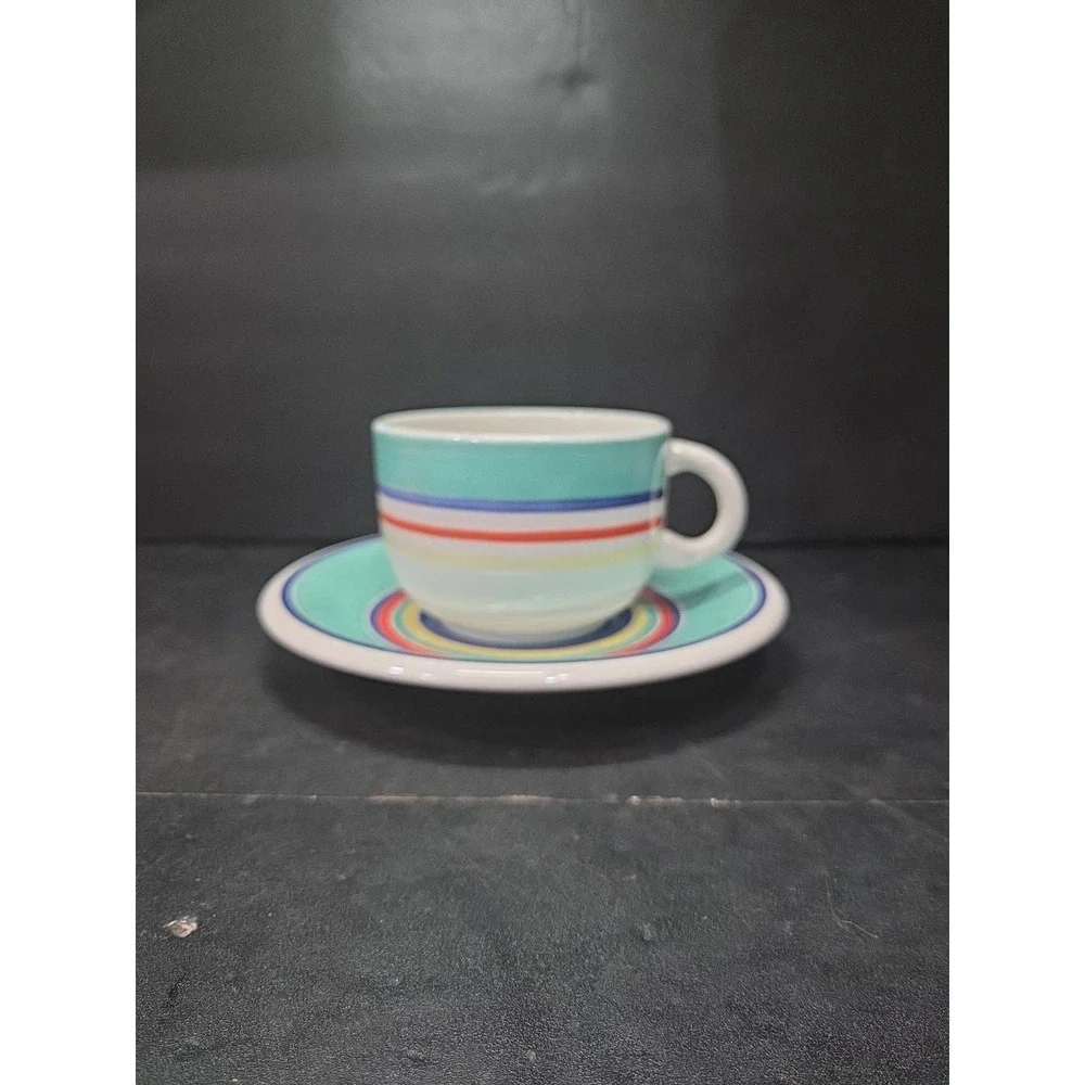 Pier 1 Turquoise Hand Painted Bright Striped Coffee Mug & Saucer, Kitchen Decor‎